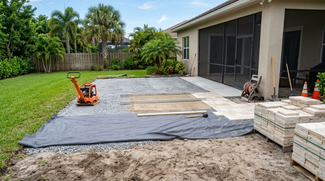 Install pavers over grass — proper base excavation with geotextile fabric and compacted crushed limestone in a Florida backyard