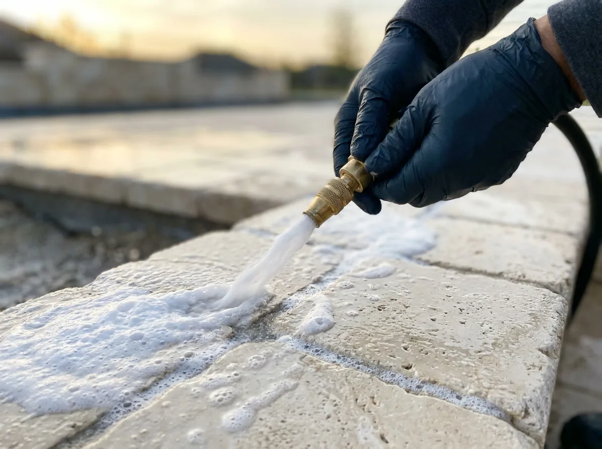Soft-wash cleaning is the annual step in a proper paver maintenance calendar