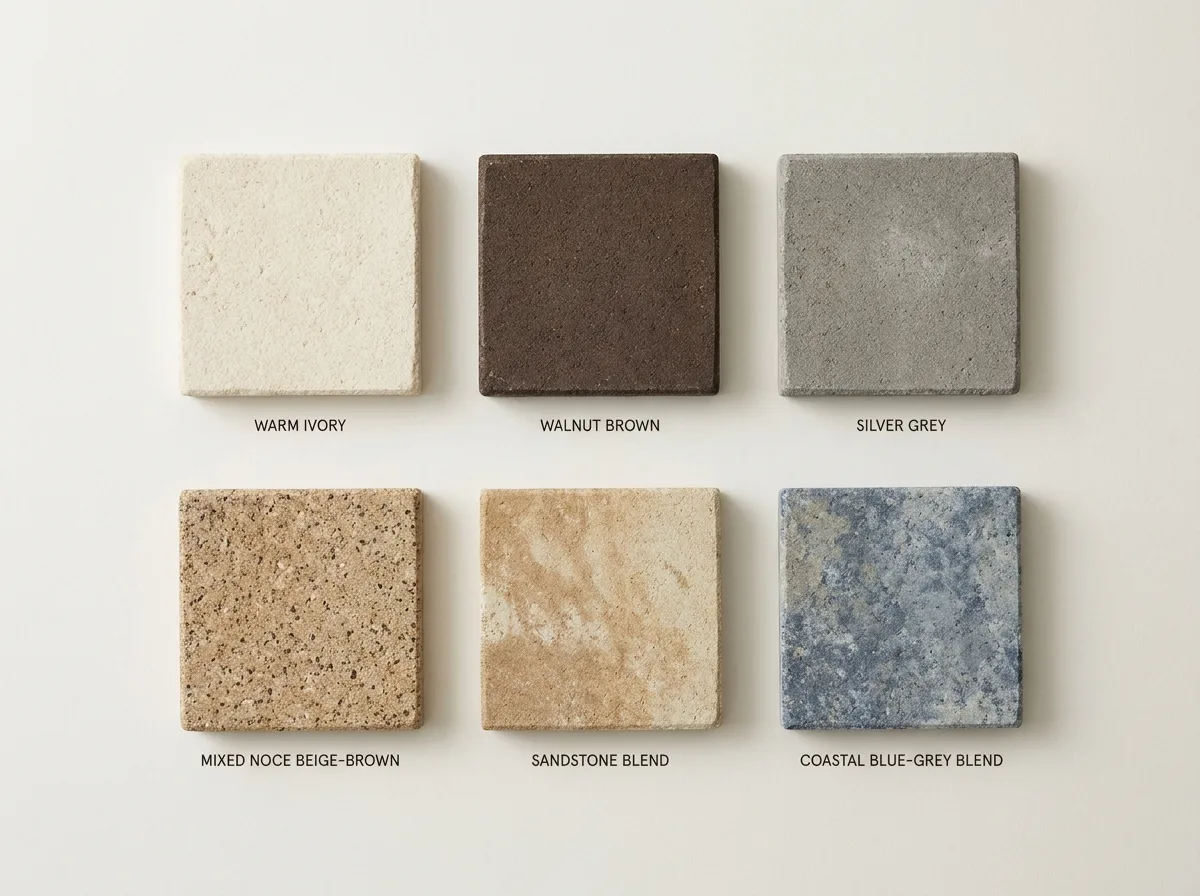 Paver color palette samples for South Florida — ivory, walnut, silver, noce, sandstone and coastal blend