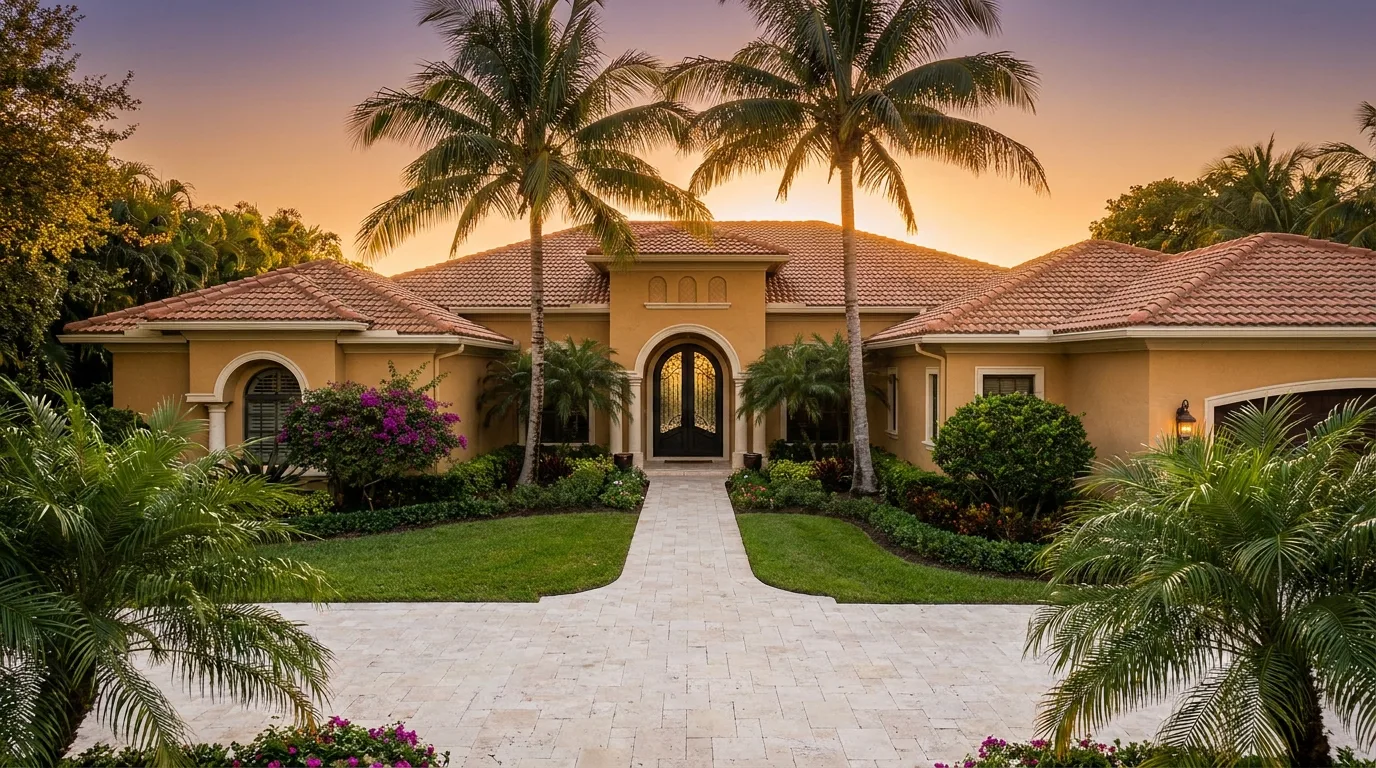 Paver colors for Florida homes — ivory travertine driveway on a Mediterranean-style South Florida house
