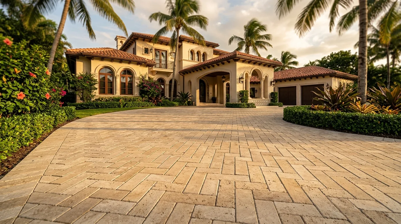 Paver design ideas — 45-degree ivory travertine herringbone driveway on a South Florida Mediterranean home