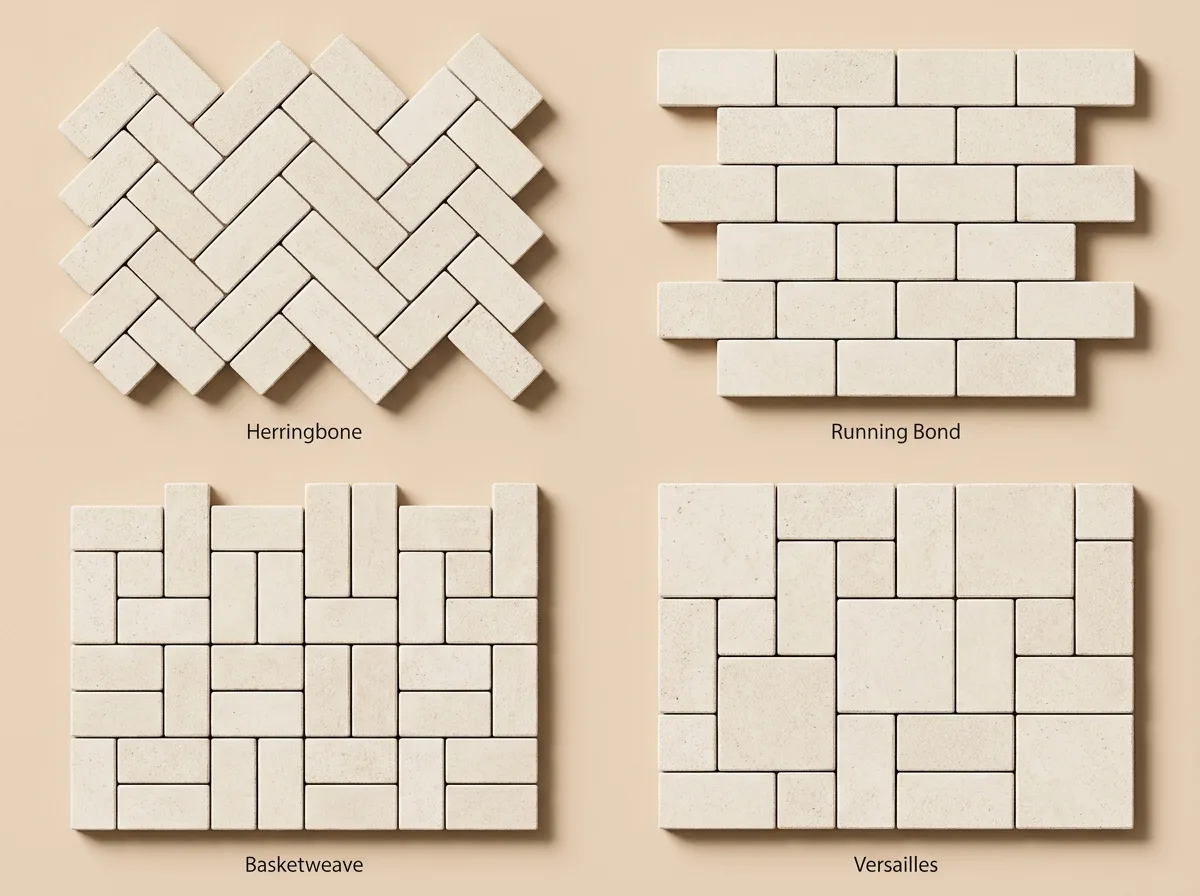 The four core paver patterns compared — herringbone, running bond, basketweave, Versailles