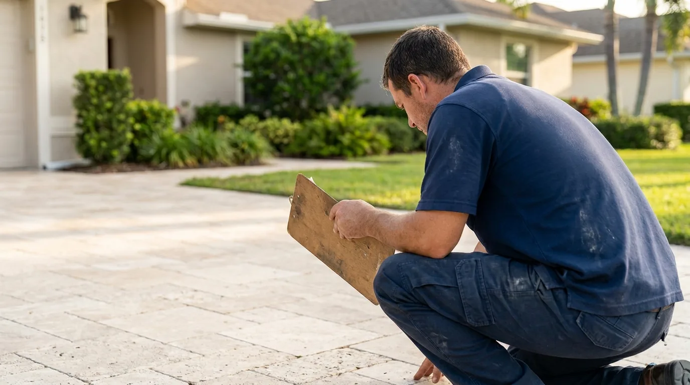 Paver maintenance calendar — a licensed contractor inspecting joints on a South Florida travertine driveway