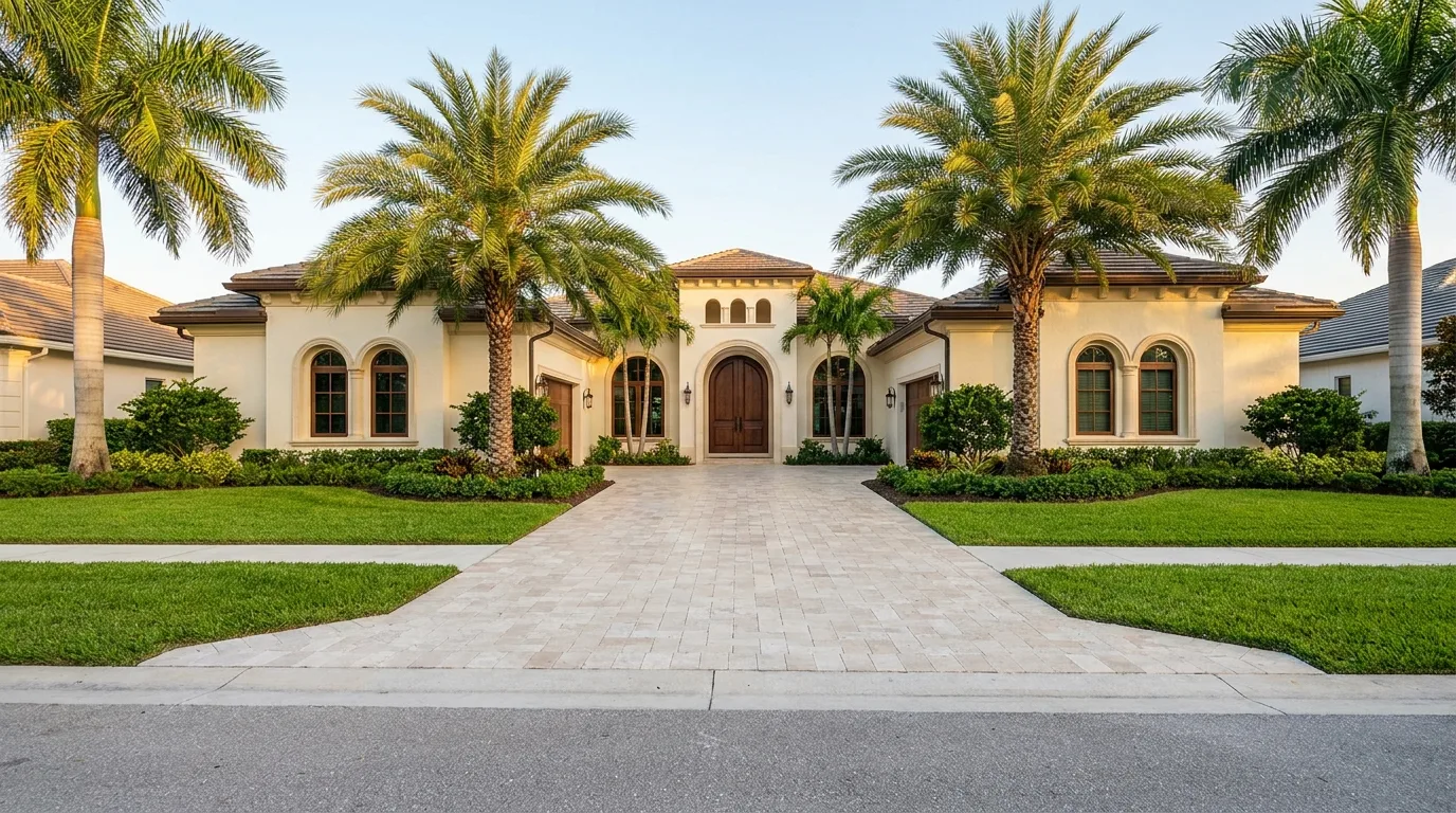 How much value do pavers add to a home — travertine paver driveway on an upscale South Florida single-family home