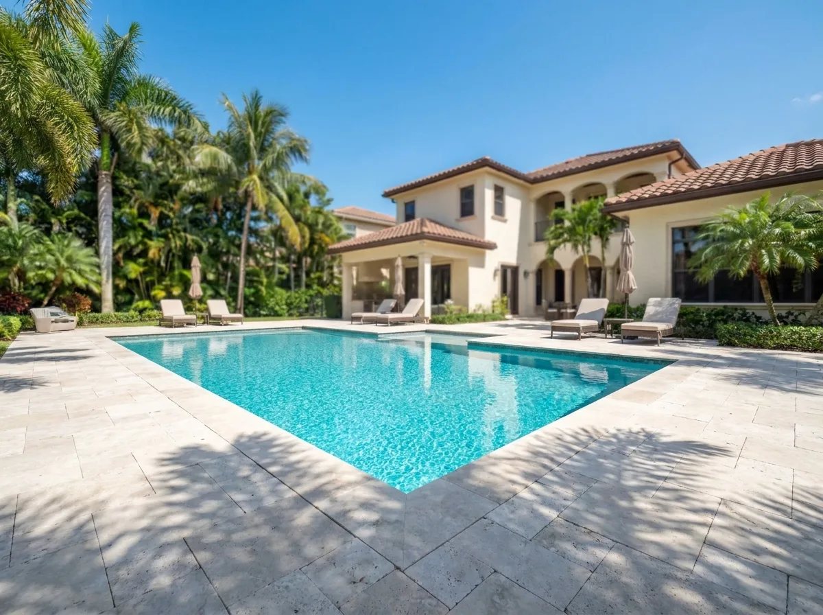 Pool deck pavers add value to a home — travertine coping around a South Florida pool