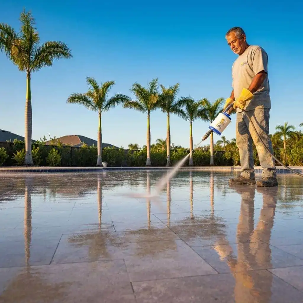 Professional paver sealing application on a Florida luxury pool deck