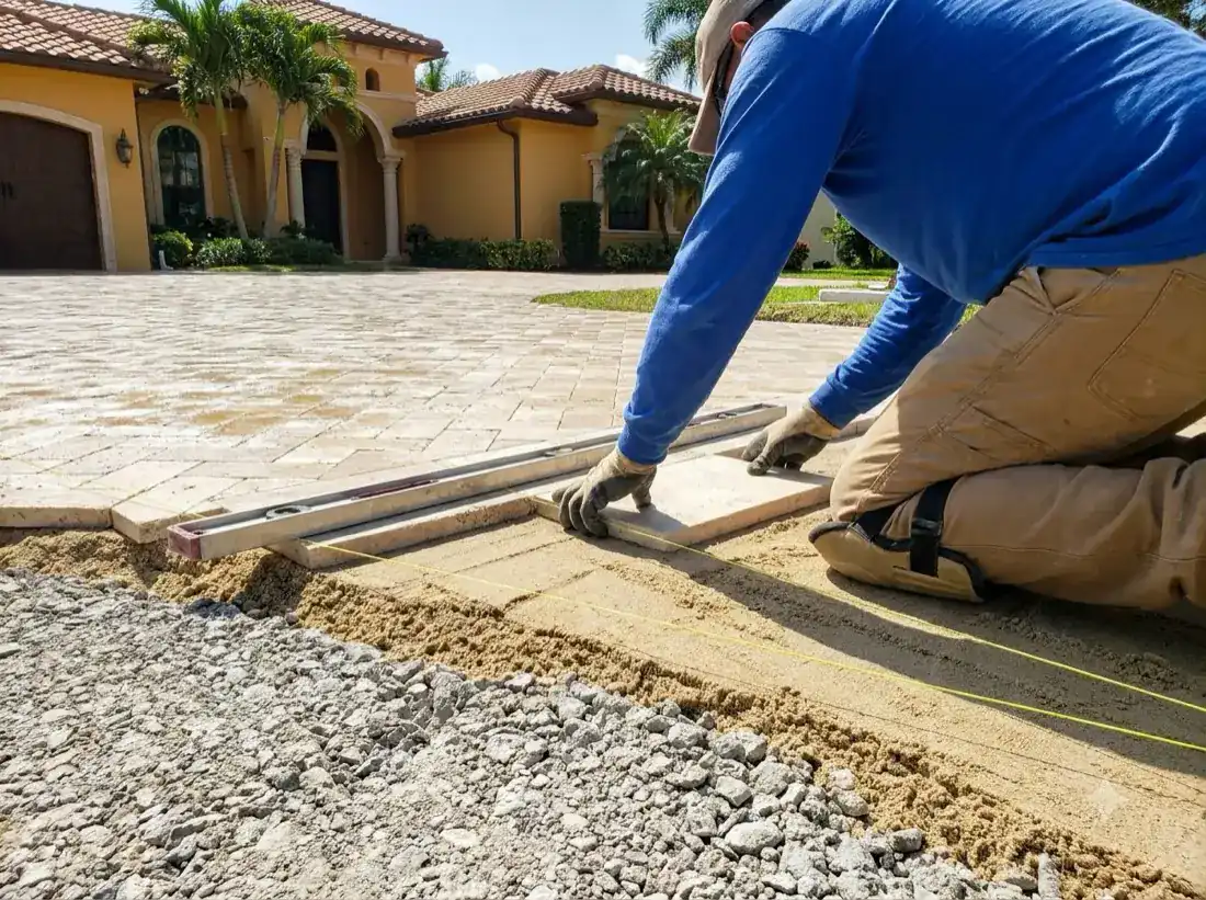 Expert paver installation crew setting travertine pavers on a compacted base — South Florida driveway by Craft Pavers